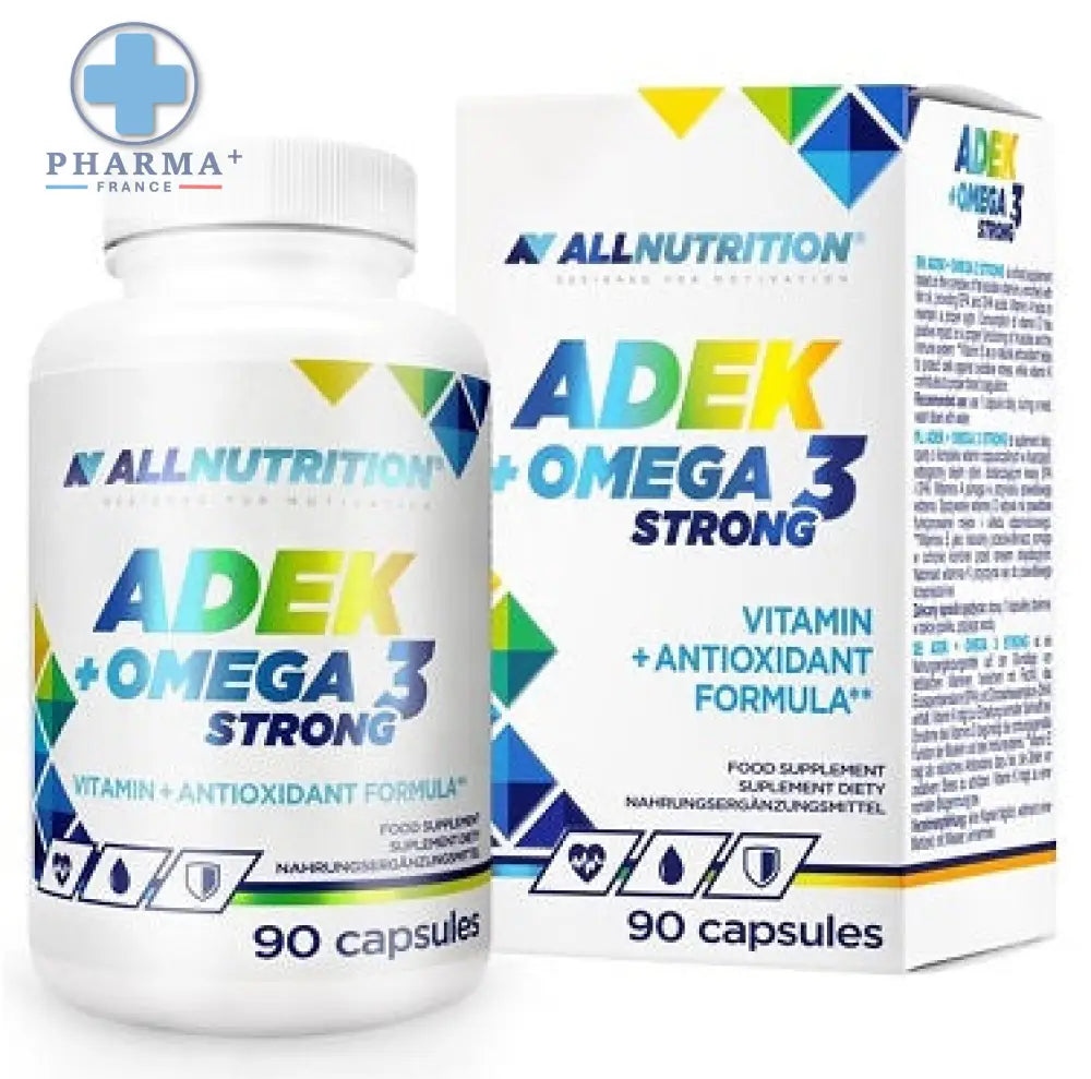 Bouteille blanche en plastique d allnutrition adek omega 3 complément alimentaire à base de capsules souvent issus d’huile