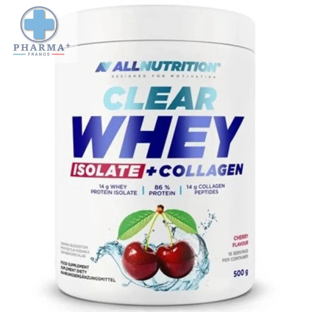 Pot de poudre blanche allnutrition clear whey isolate collagène saveur cerise pour complément protéiné clair