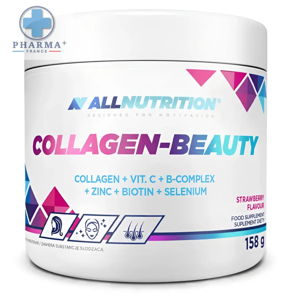Contenant cylindrique blanc allnutrition collagène-beauty poudre alimentaire à base fraise avec accents géométriques roses et bleus