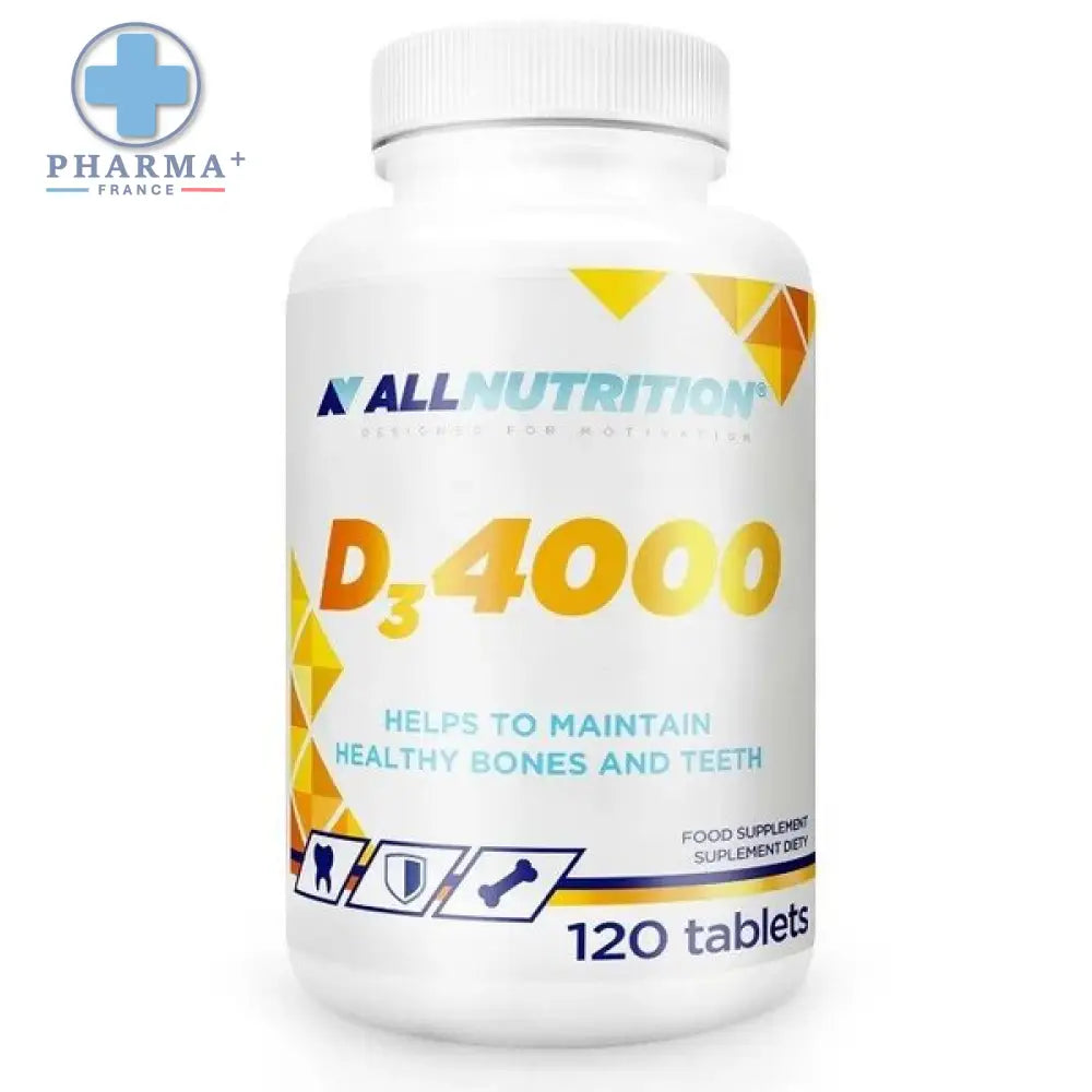 Bouteille blanche en plastique allnutrition vit d3 4000 ui complément alimentaire vitaminé avec étiquette orange et bleue