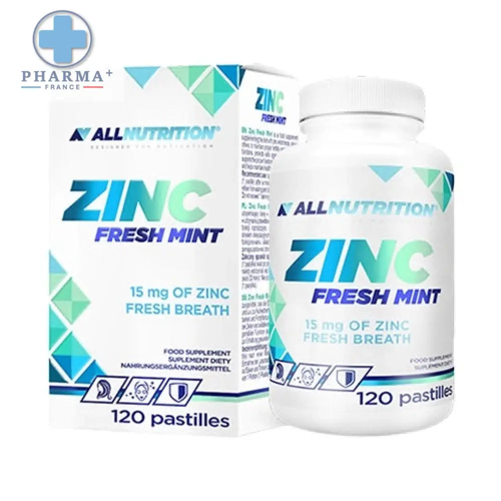 Bouteille blanche en plastique allnutrition complément alimentaire zinc fresh mint avec bouchon blanc et design géométrique bleu-vert