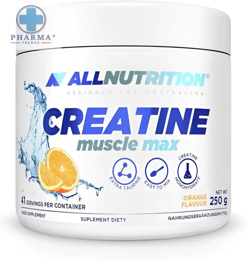 Contenant blanc cylindrique allnutrition créatine muscle max arôme orange 250 g pour performance musculaire