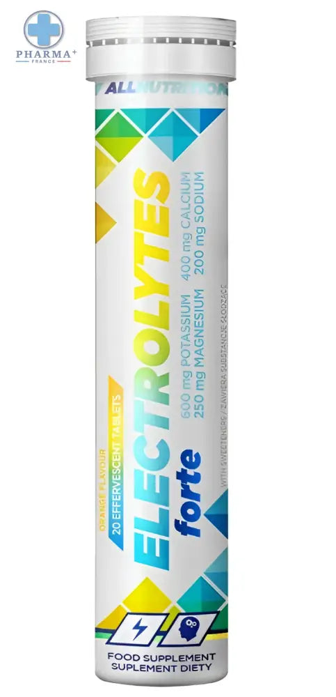 Tube blanc cylindrique allnutrition electrolytes forte complément hydratation avec motifs géométriques colorés bleu vert jaune