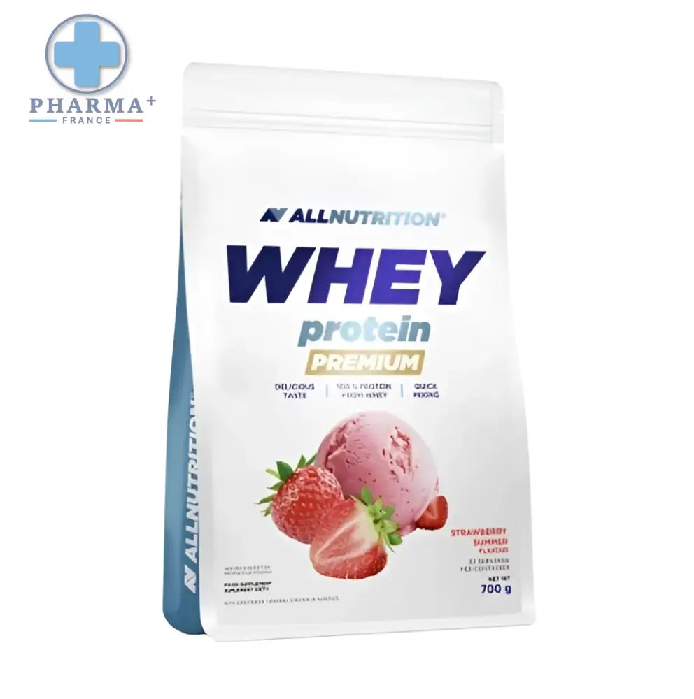 Sac allnutrition whey protéine premium fraise 908 g blanc et bleu avec image saveur strawberry summer