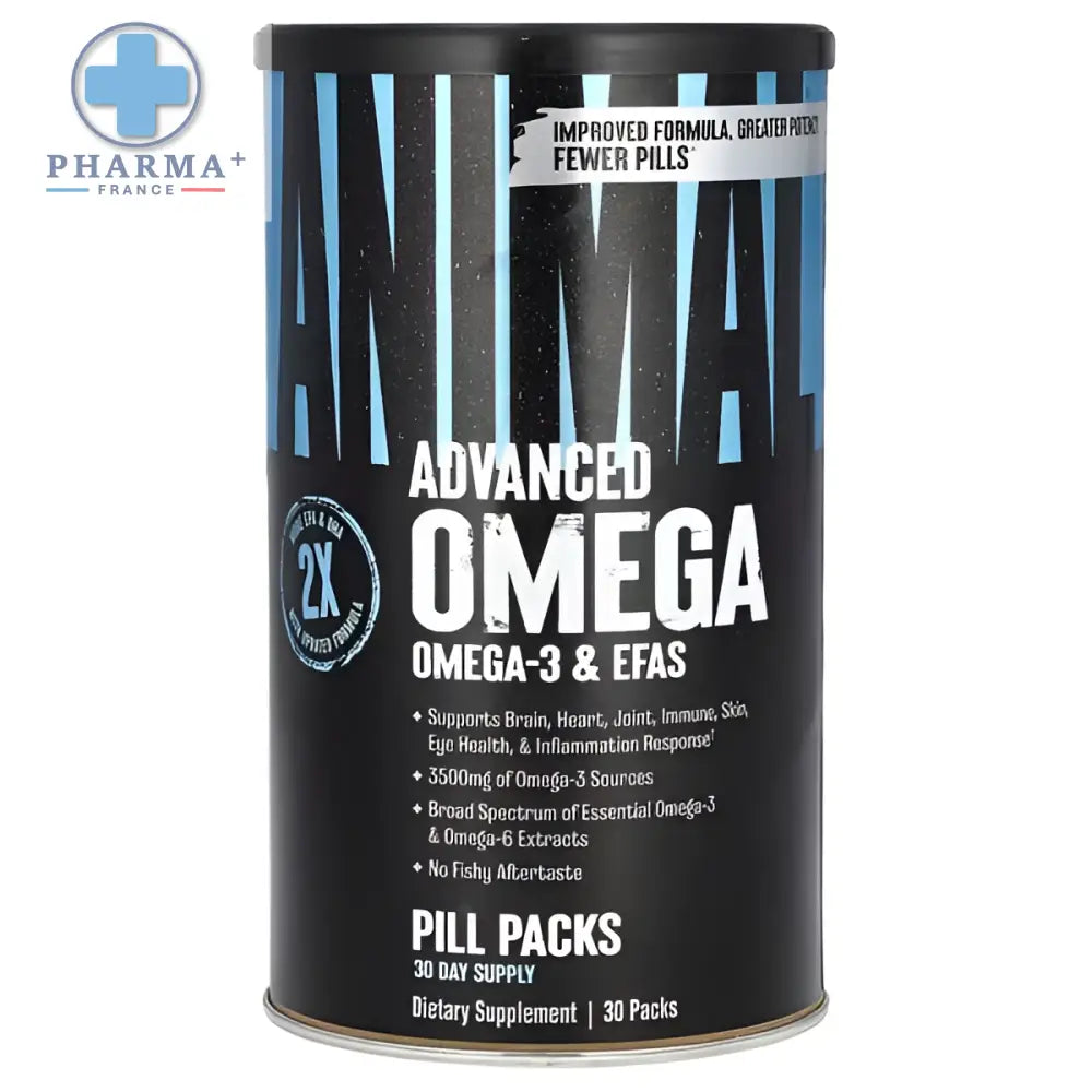 Conteneur cylindrique noir animal advanced oméga complément alimentaire omega 3 avec rayures bleues et texte blanc