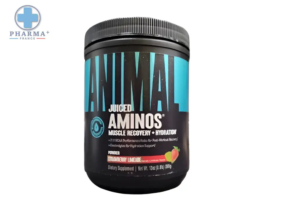 Black cylindrical container with teal and white labeling featuring animal juiced aminos strawberry limeade complément acides aminés 376 g