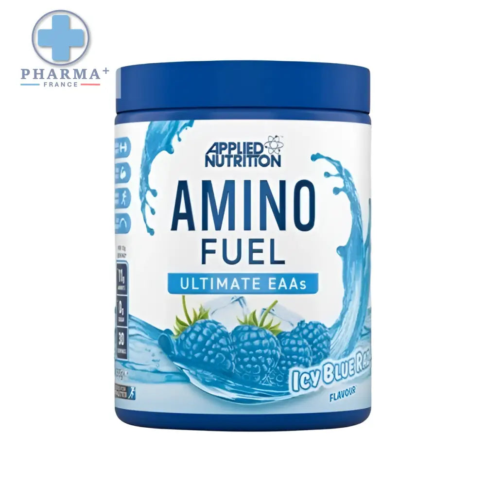 Applied nutrition acides aminés amino fuel saveur icy blue raz en pot blanc avec couvercle et graphisme bleu
