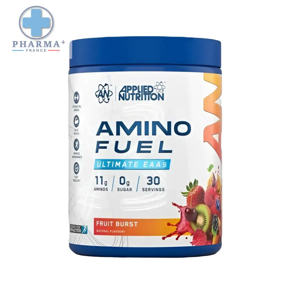 Conteneur cylindrique bleu d applied nutrition amino compléments acides aminés fruit burst avec étiquette blanche et graphique fruité