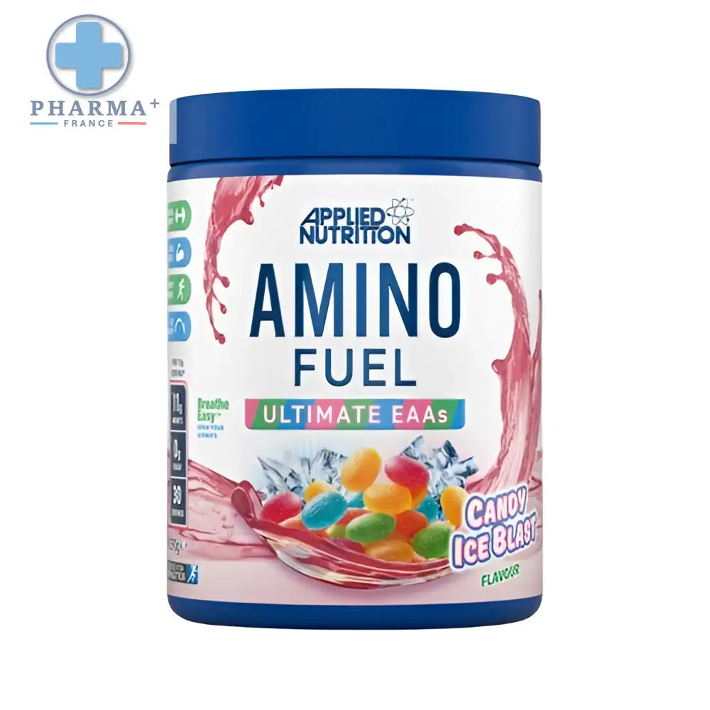 Applied Nutrition Amino Fuel acides aminés candy icy blast 390 g en pot blanc avec couvercle bleu et étiquette colorée