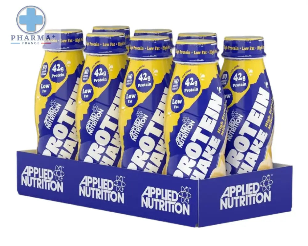 Bouteilles bleues et jaunes applied nutrition high protein shake 42g protéine faible en gras saveur banana delight