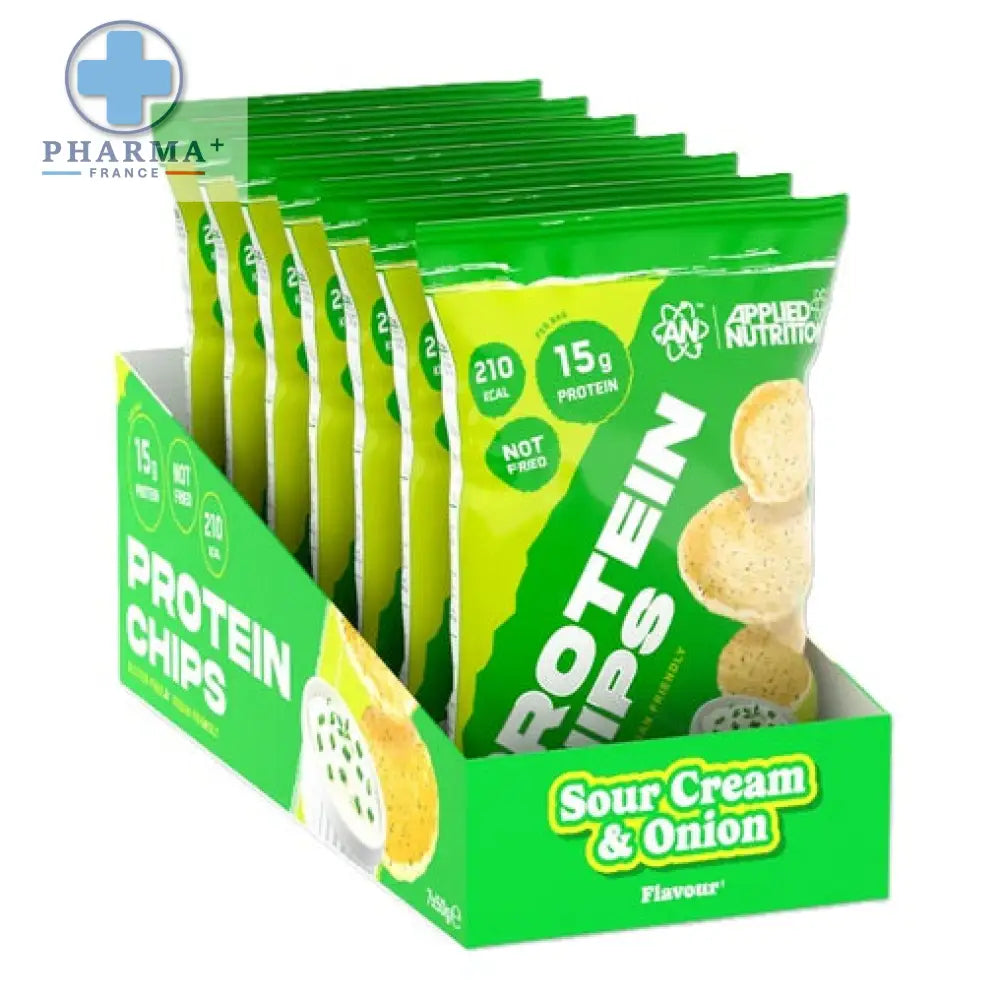 Boîte de chips protéinées applied nutrition sour cream and onion avec emballage vert et blanc de 30 g