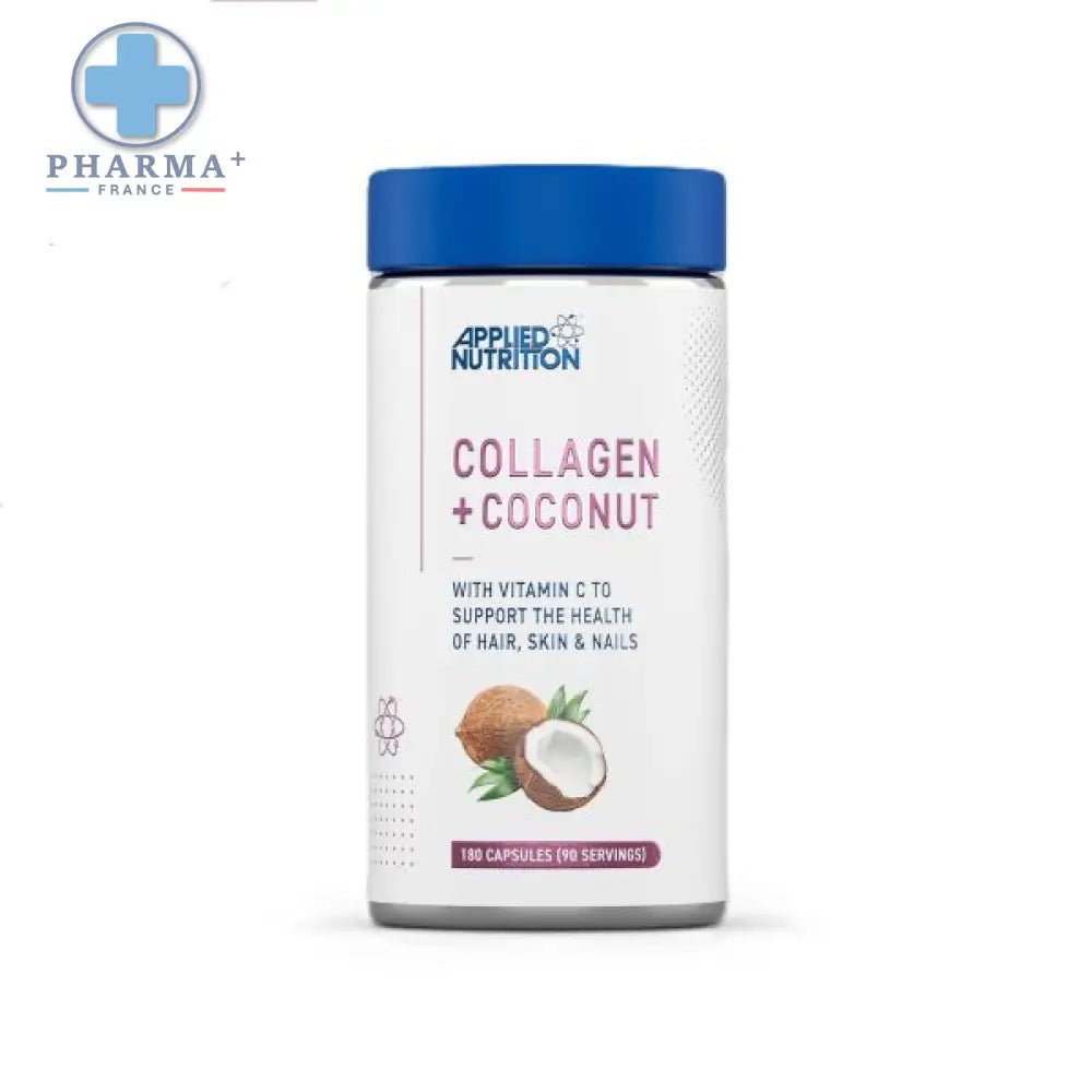 Bouteille de complément applied nutrition collagène avec coco 160 ml, bouchon bleu et étiquette blanche avec texte rose