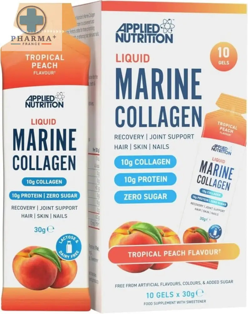 Applied nutrition collagène marin liquide tropical peach en gelules 90 unites packaging blanc et orange avec images de pêches