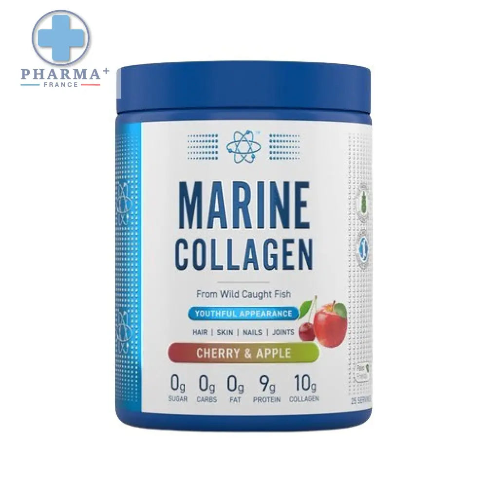 Blue cylindrical container of applied nutrition marine collagen in cherry apple flavor with white label and cherry illustration