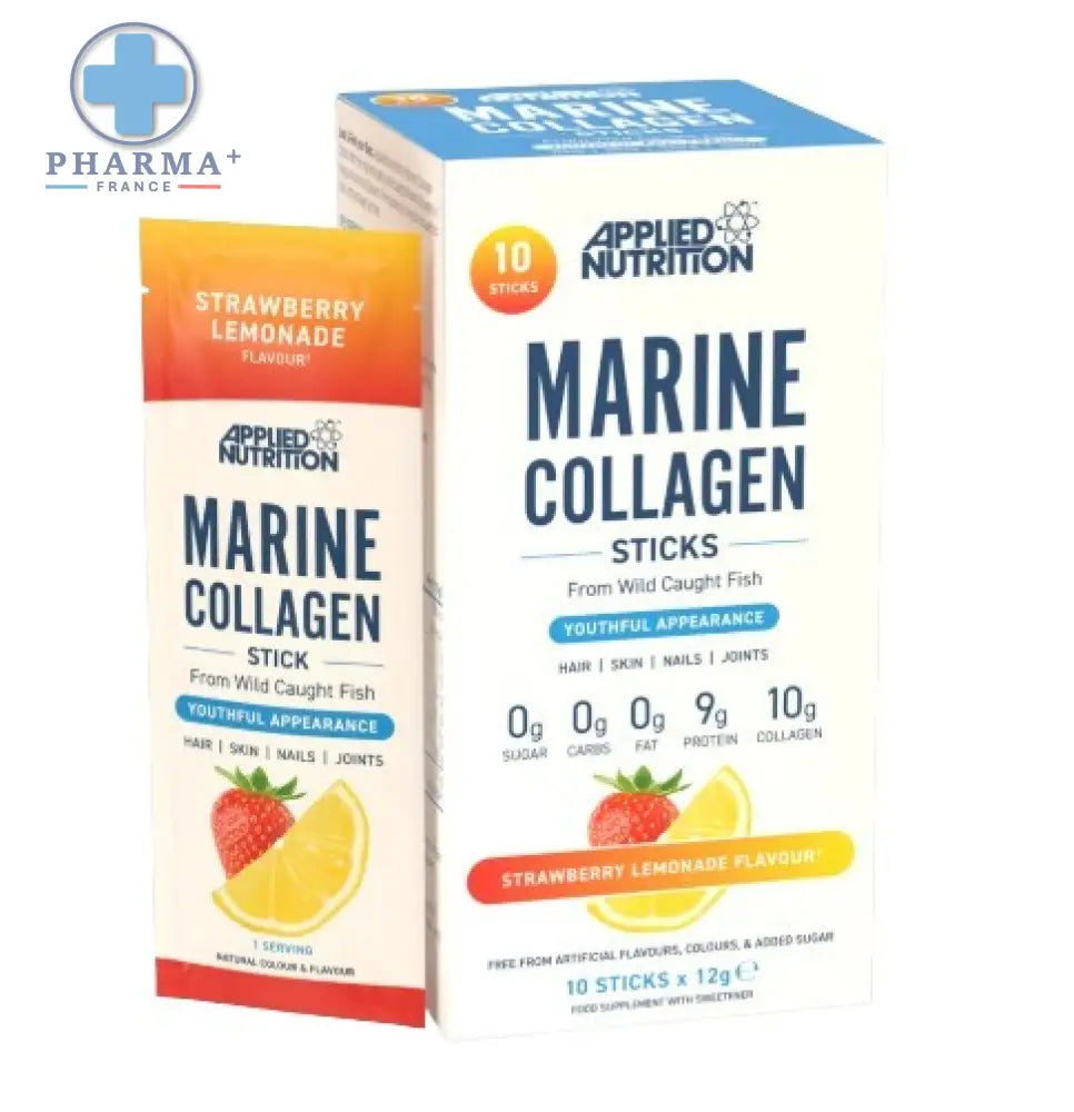 Applied nutrition marine collagen sticks strawberry lemonade flavor in white and orange package with strawberry and lime images