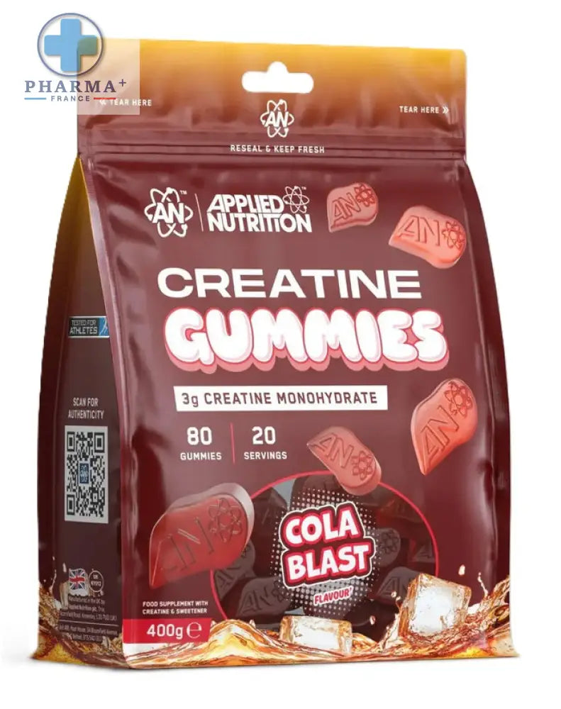 Un sachet de applied nutrition créatine gommes cola blast en emballage bordeaux et orange avec image de bonbons
