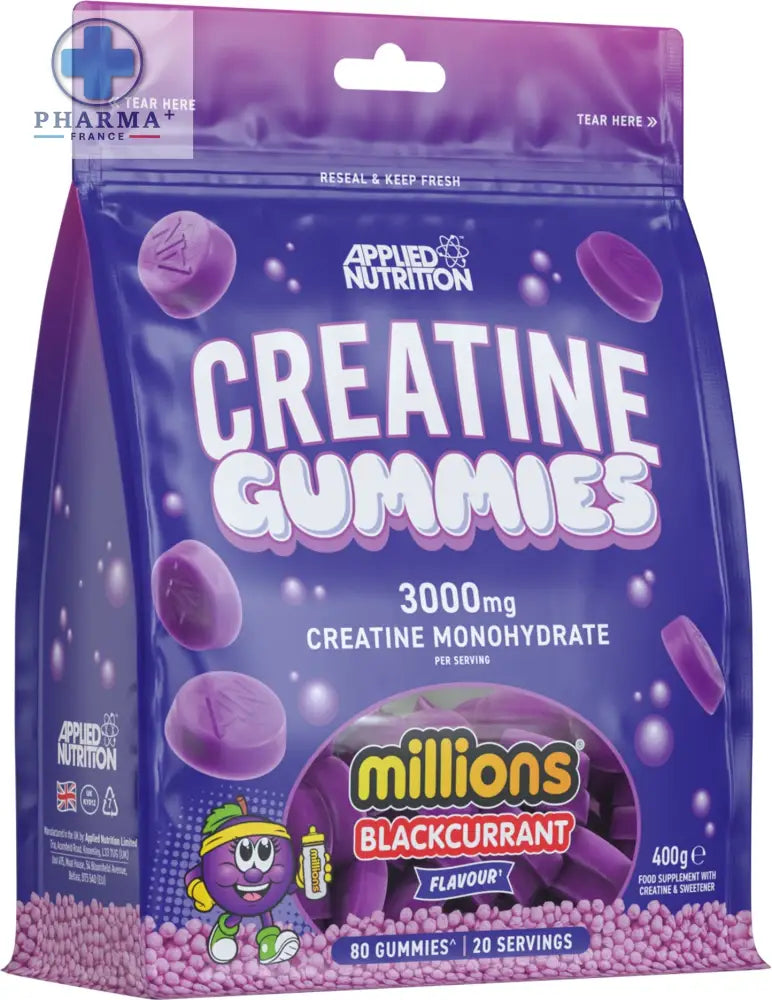 Applied nutrition créatine millions blackcurrant en gummies violet avec personnage cartoon et saveur cassis