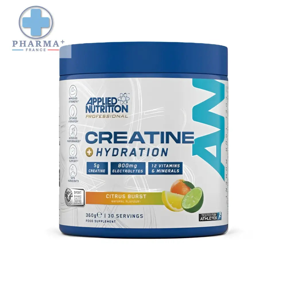 Conteneur cylindrique bleu et blanc de créatine monohydrate applied nutrition saveur citrus burst 250 g