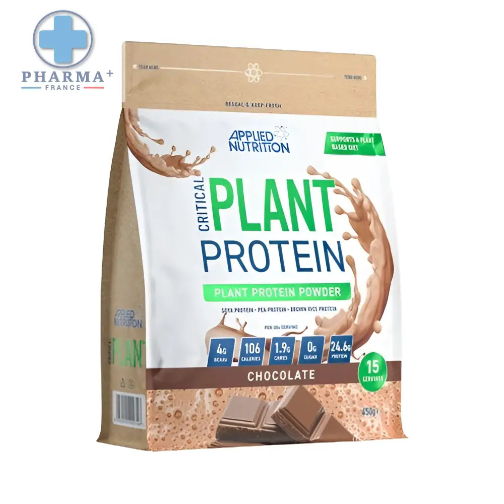 Applied nutrition critical plant protéine végétale chocolat 2500 g en sachet refermable marron et blanc avec graphique éclaboussure chocolat