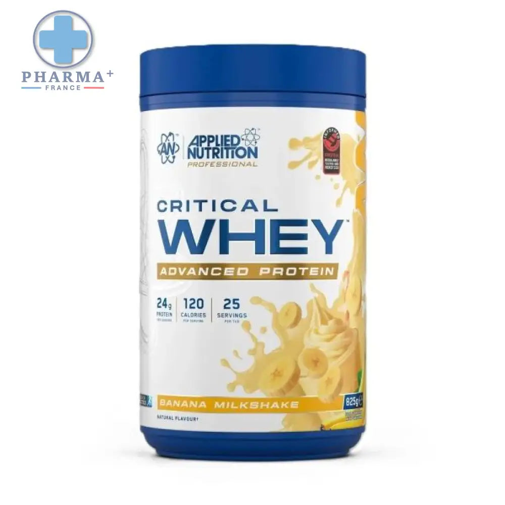 Conteneur cylindrique bleu de applied nutrition critical whey protéine saveur banana milkshake 2 kg
