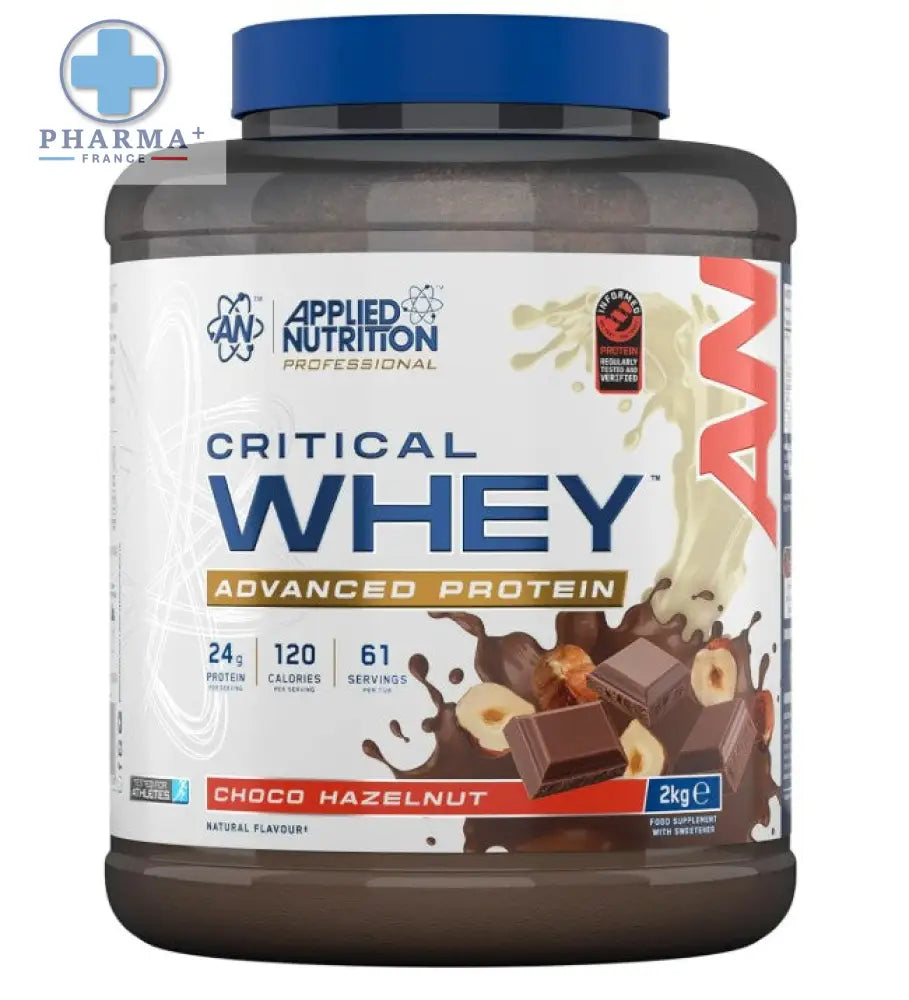 Un pot de 2 kg de applied nutrition critical whey protéine choco hazelnut avec un couvercle bleu et une étiquette vive