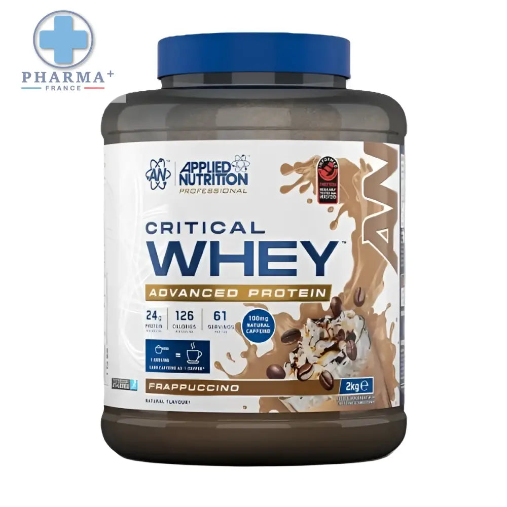 A 2kg container of applied nutrition critical whey protéine frappuccino flavor with blue lid and coffee bean design