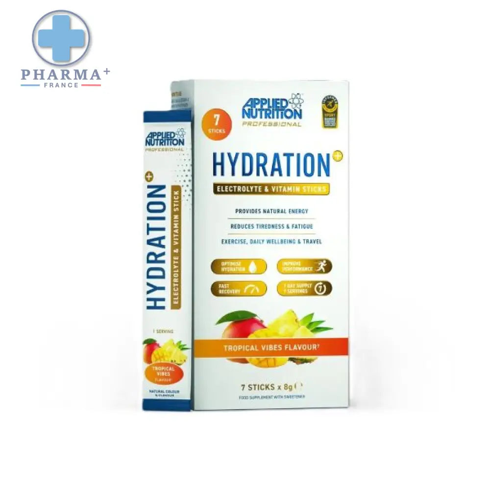 Emballages blanc et orange pour applied nutrition hydration électrolytes tropical vibes sticks professionnels