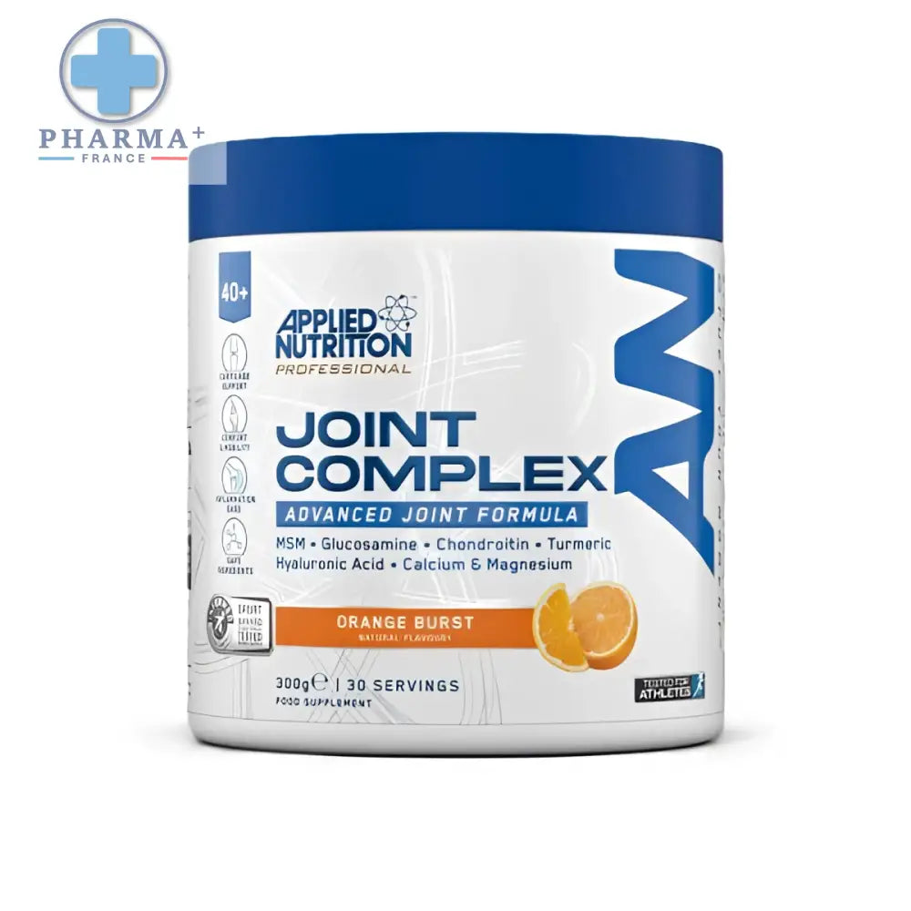 Contenant blanc cylindrique avec couvercle bleu et logo appliqué nutrition agewell orange burst pour complexe articulaire professionnel