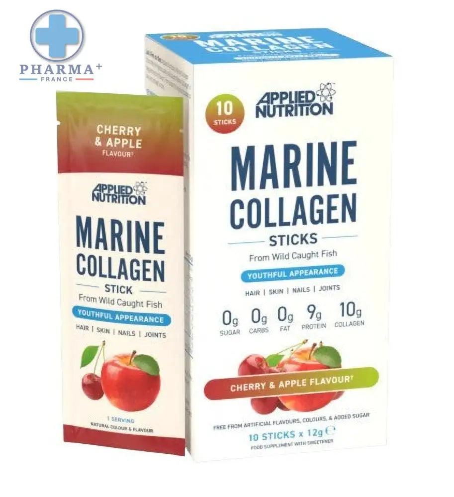 Paquets blanc bleu rouge de bâtonnets de collagène marin cerise pomme d applied nutrition marine