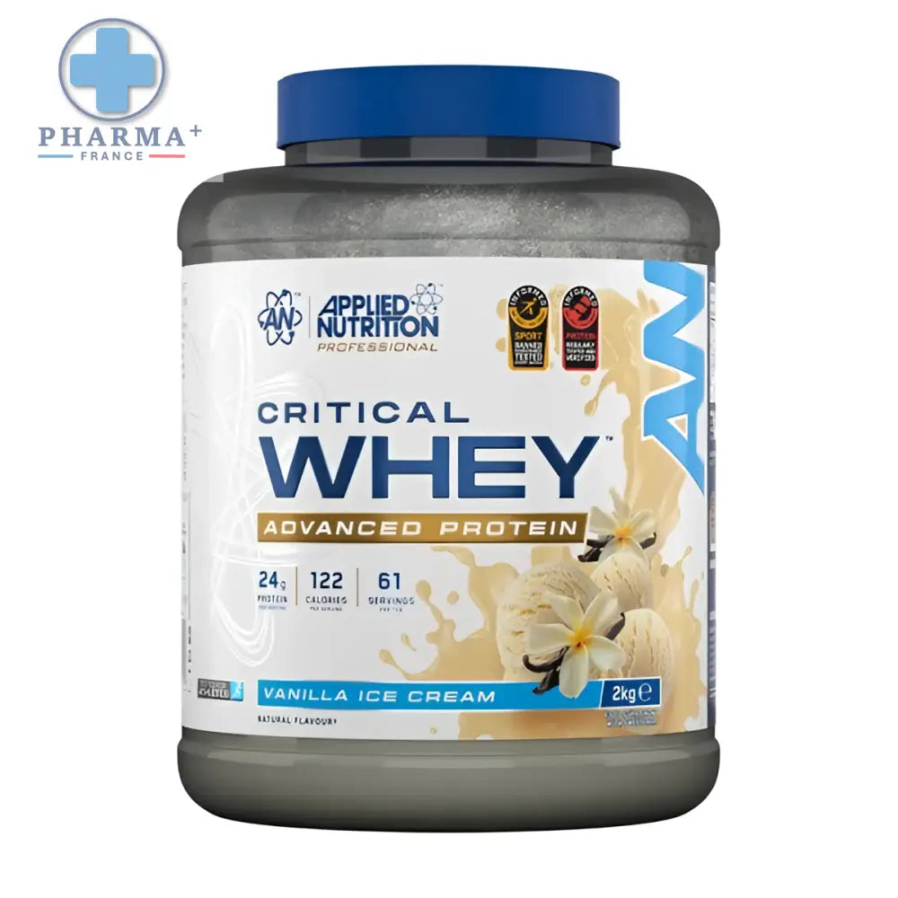 Un pot de 2 kg de protéine critical whey applied nutrition saveur vanilla ice cream avec couvercle bleu et étiquette vanille