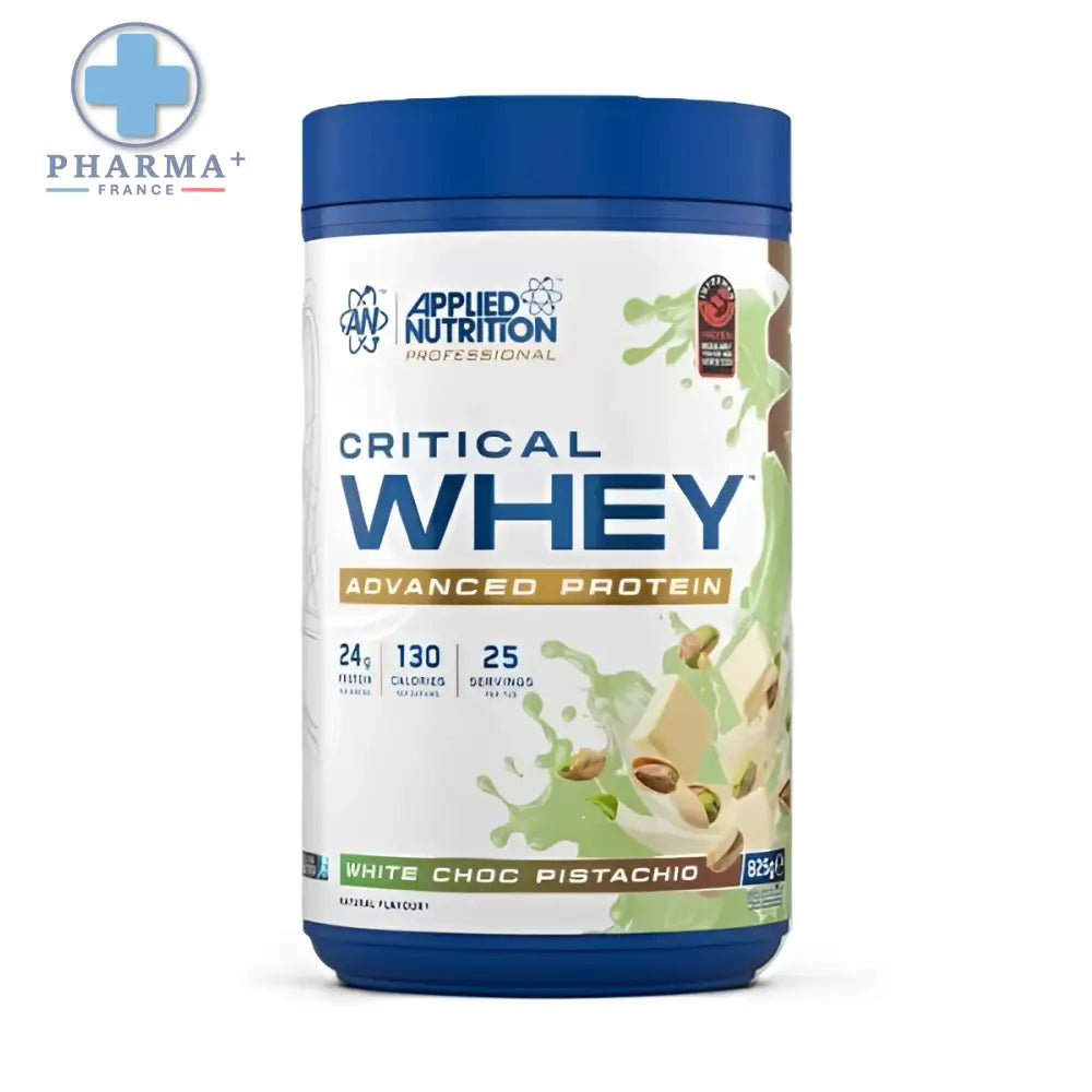 Poudre de protéine whey avancée applied nutrition white choc pistachio en pot cylindrique bleu de 2 kg