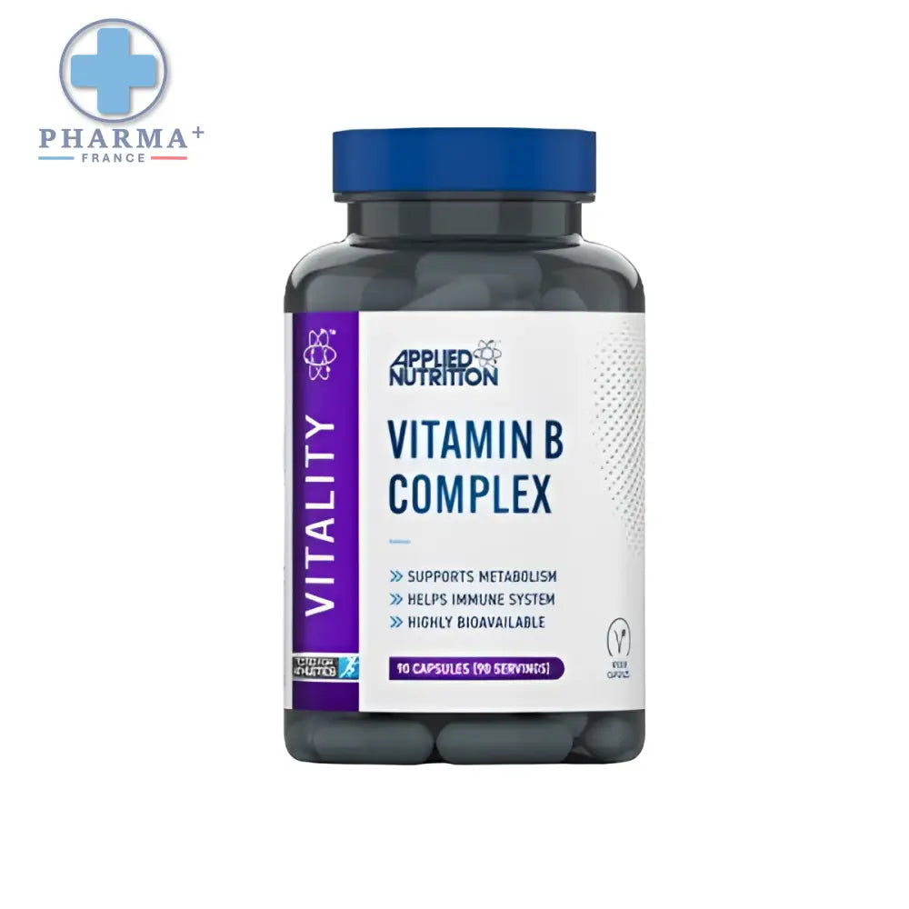Bouteille de complément vitamin b complexe applied nutrition vitality avec corps translucide foncé et étiquette blanche violet