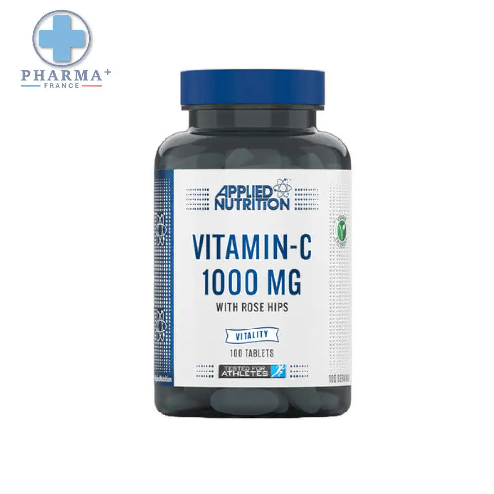 Bouteille de compléments alimentaires applied nutrition vitamine c 1000 mg avec rose hips corps translucide foncé et bouchon bleu