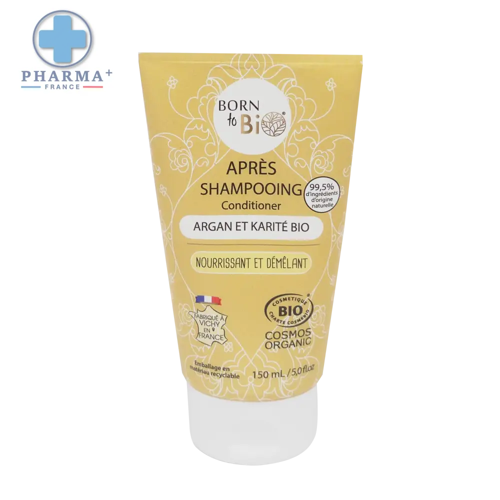 Tube jaune de soin capillaire certifié born to bi argan et karité avec motif floral et bouchon blanc
