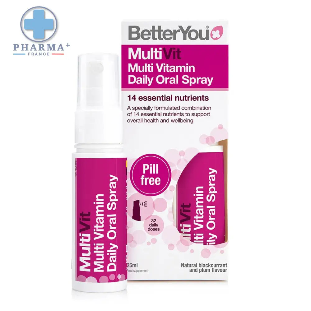 Bouteille blanche betteryou multivit spray buccal 25 ml avec étiquette magenta saveur blackcurrant and plum et boîte associée