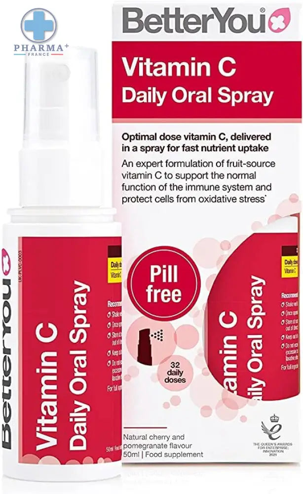 Bottle blanche de spray buccal vitamin c betteryou avec étiquette rouge goût naturel cherry and pomegranate