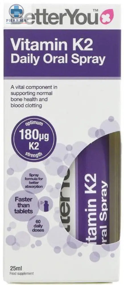 Betteryou vitamine k2 daily oral spray 25 ml en boîte violette et blanche avec flacon vaporisateur métallique élégant