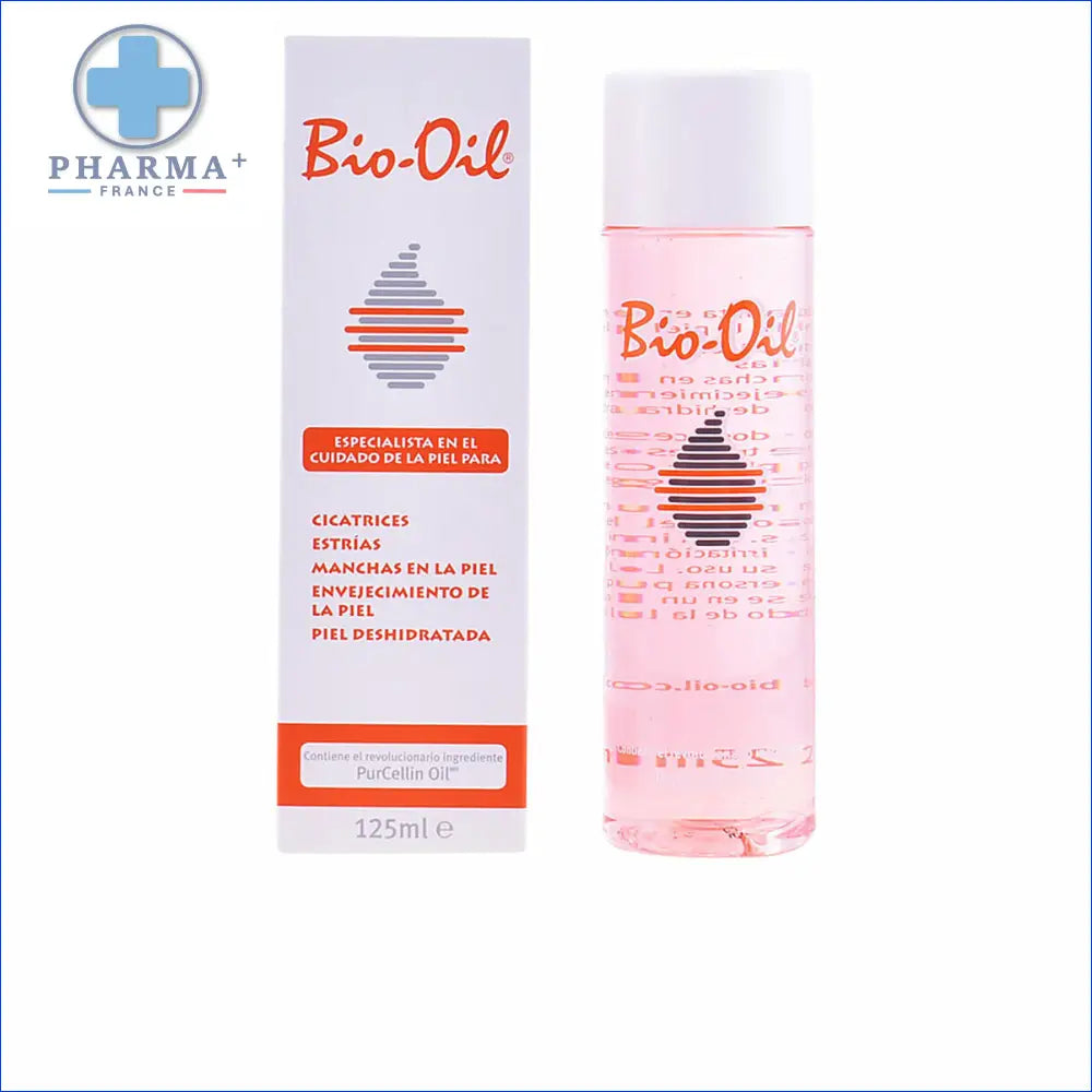 Bouteille d huile corporelle Bio-Oil groupe Nobélis avec boîte blanche et orange