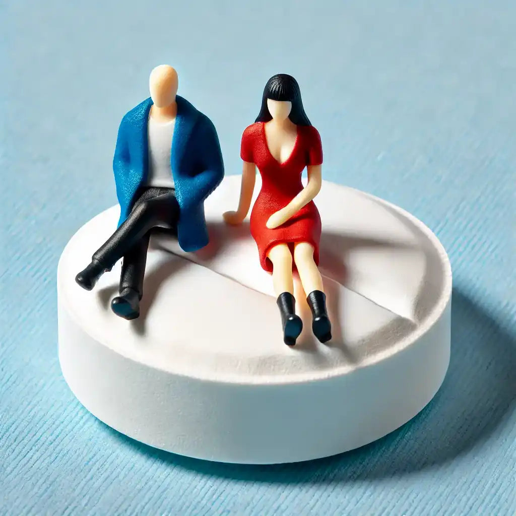 Un comprimé blanc, biconvexe, avec deux petites figurines assises dessus.