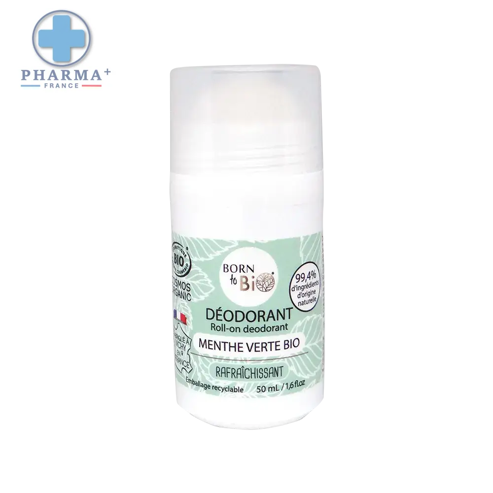 Déodorant roll-on blanc born to bio menthe verte bio 50 ml avec étiquette vert menthe pour usage quotidien