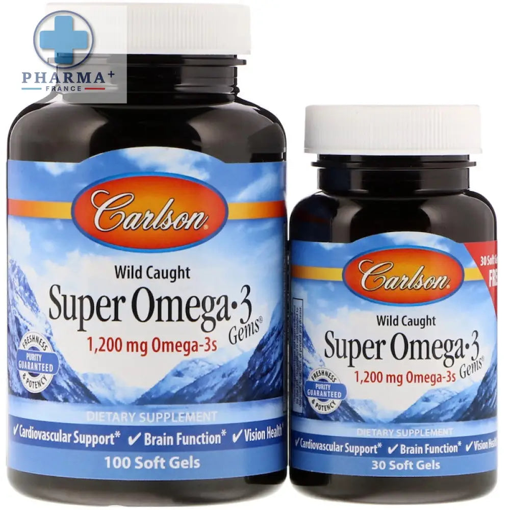 Deux bouteilles noires de carlson labs wild caught super oméga 3 compléments alimentaires 130 gélules molles avec étiquettes bleues et montagnes