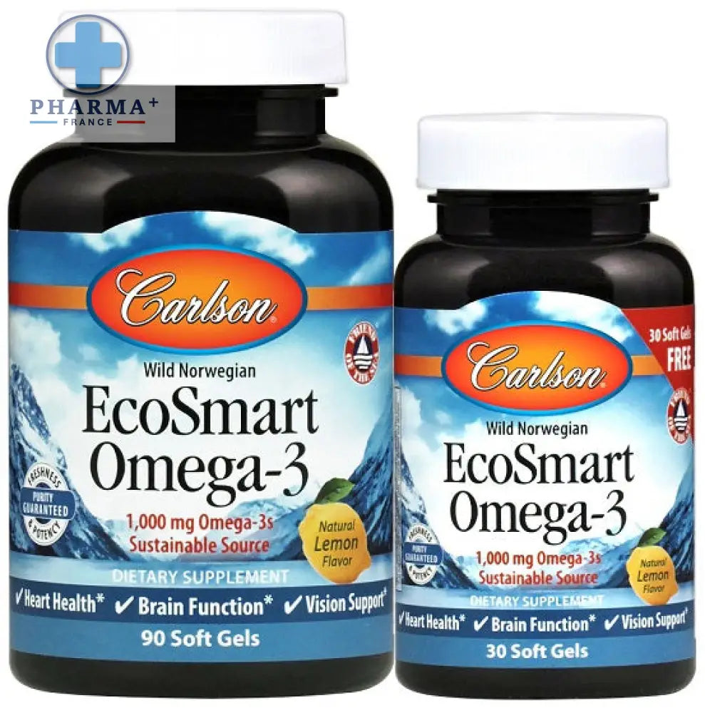 Deux bouteilles noires de carlson labs ecosmart oméga 3 1000mg natural lemon avec étiquette bleue montagne