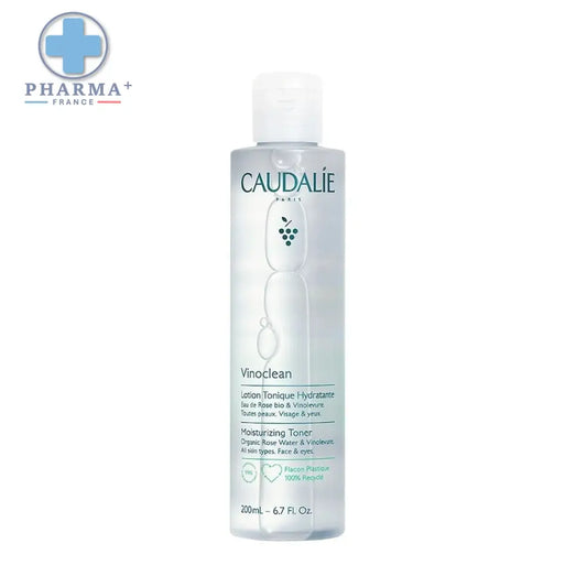 Flacon en plastique transparent du tonique facial Caudalie Vinoclean avec capuchon blanc