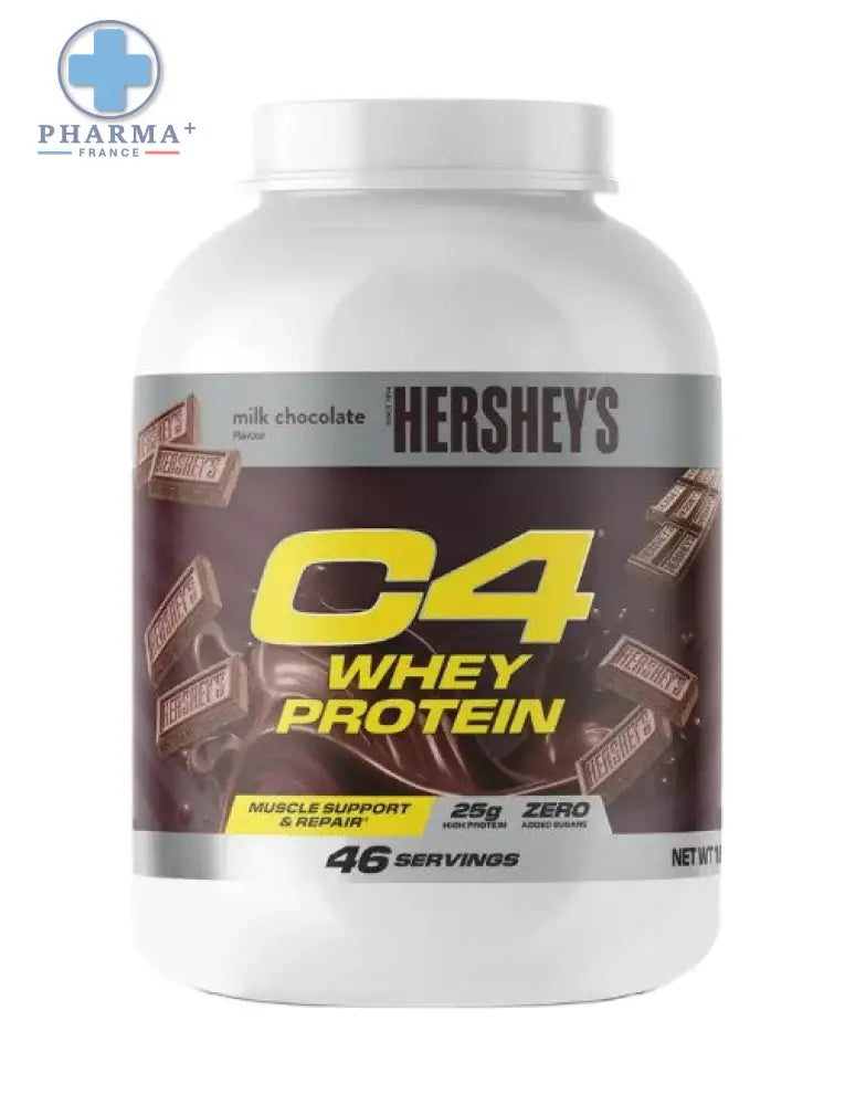 Conteneur plastique blanc de protéine whey cellucor au goût hershey’s milk chocolate avec étiquette marron et jaune
