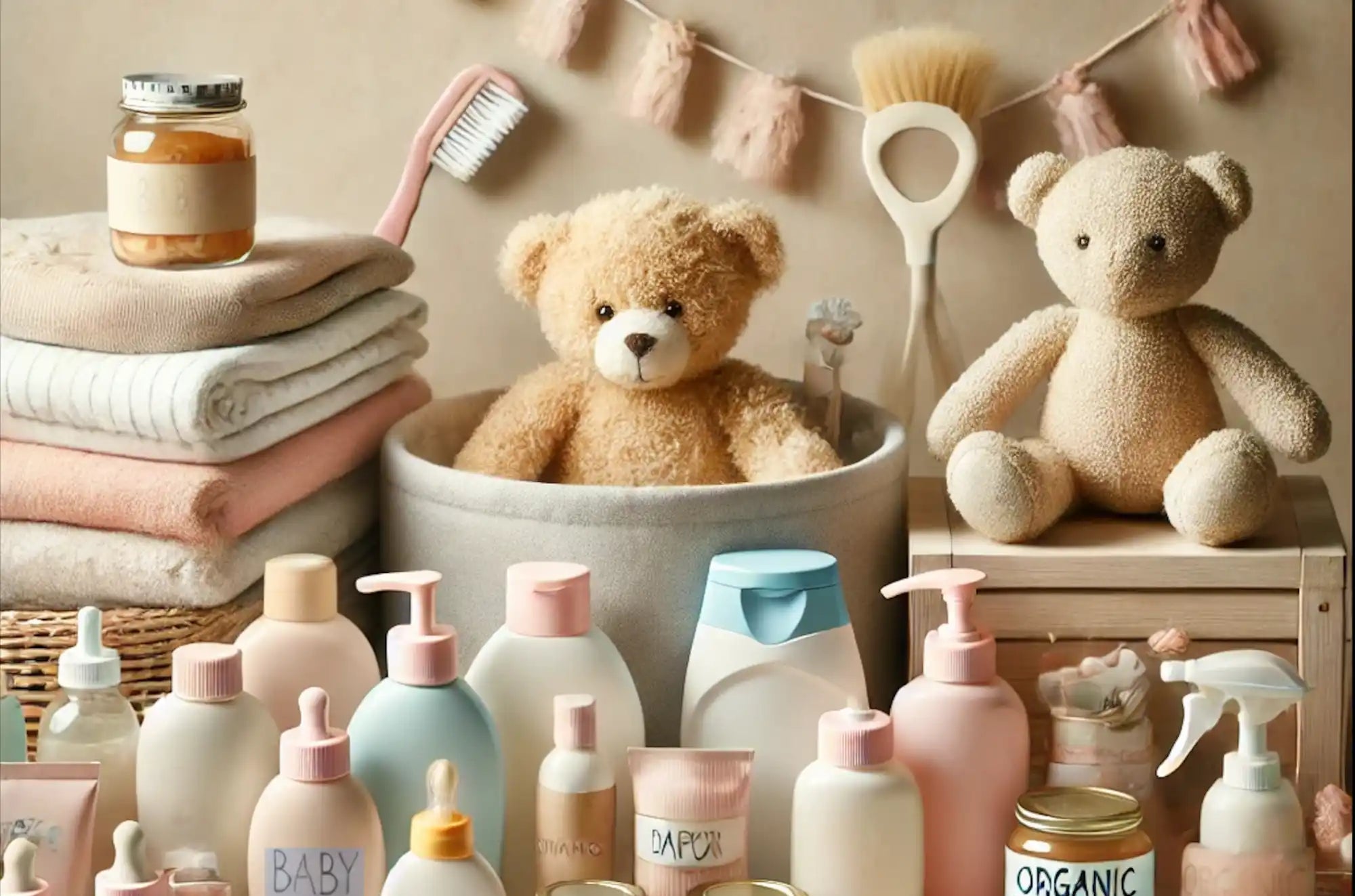 Une collection de produits pour bébés et deux ours en peluche.