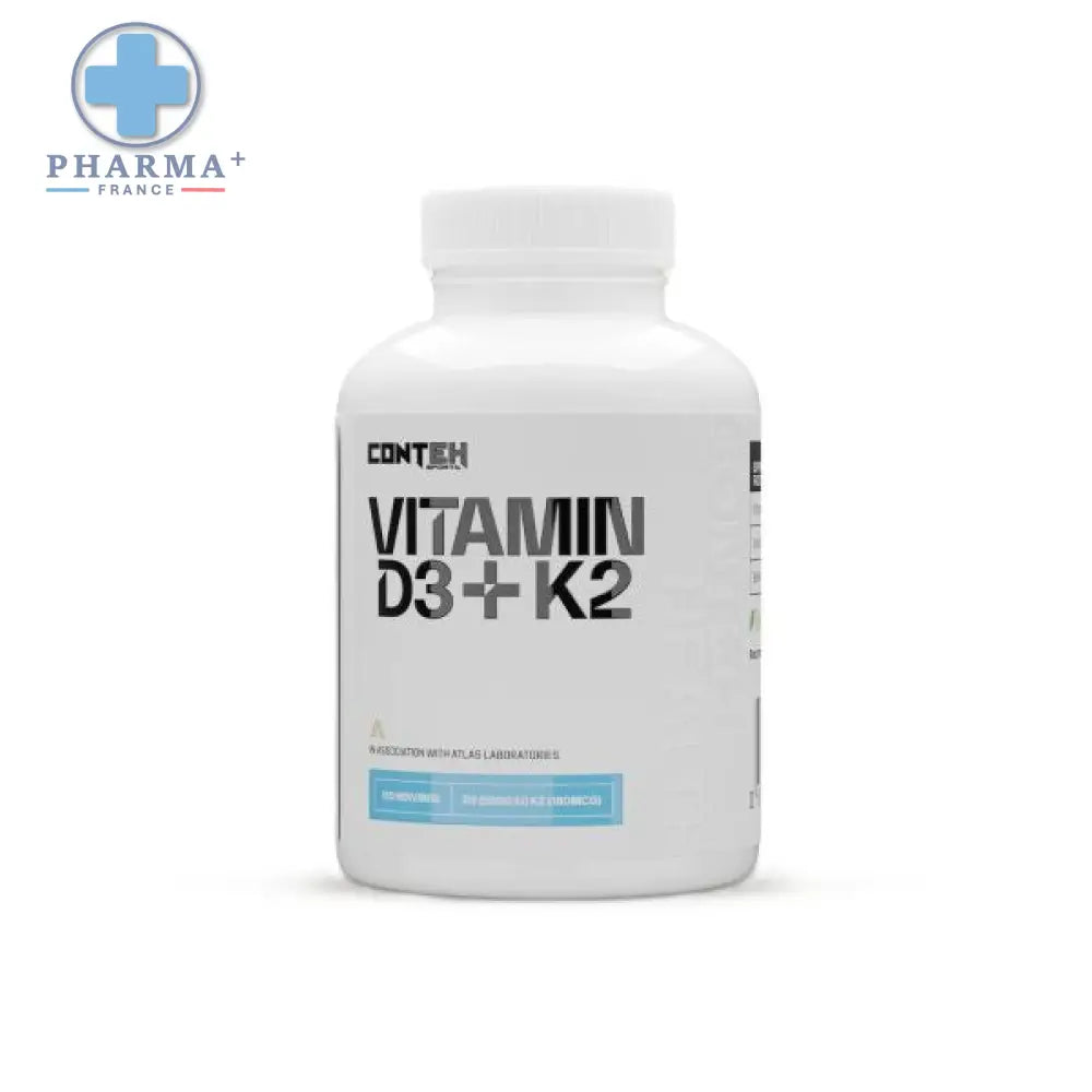 Flacon blanc en plastique de conteh sports vitamine d3 k2 avec étiquette noire et bleu clair 60 gélules