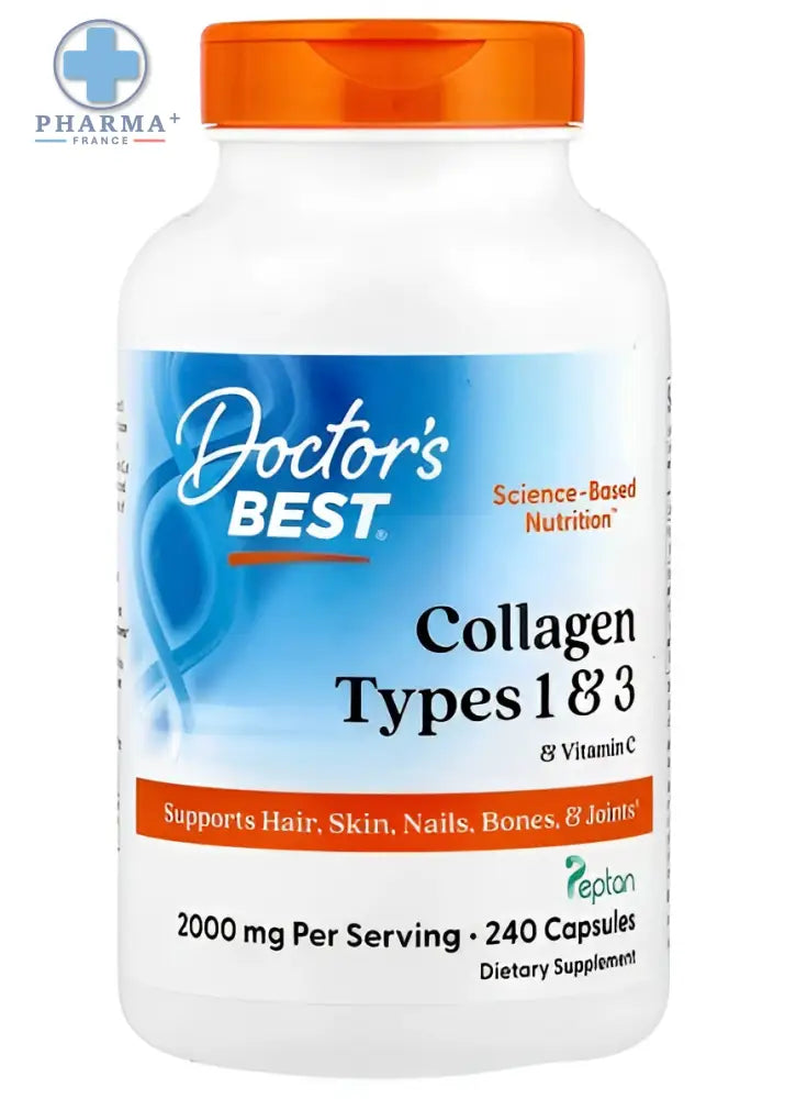Bouteille blanche avec bouchon orange de doctor’s best collagène types 1 et 3 avec vitamine c 1000 mg