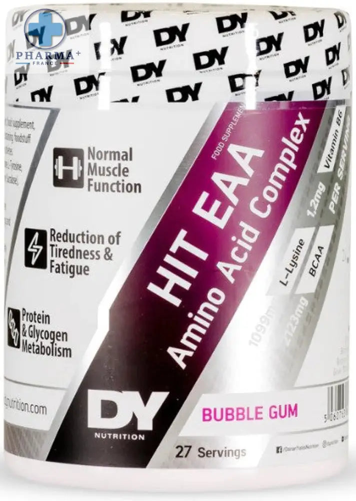 Un contenant cylindrique blanc avec une étiquette violet et argenté de dorian yates hit eaa amino acid complex saveur bubble gum 300 g