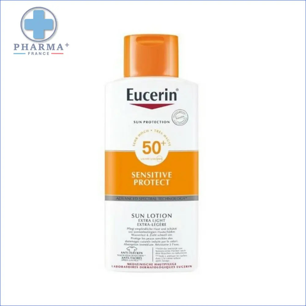 Bouteille de Eucerin lotion solaire sensitive protect SPF 50+ groupe Nobélis, protection légère