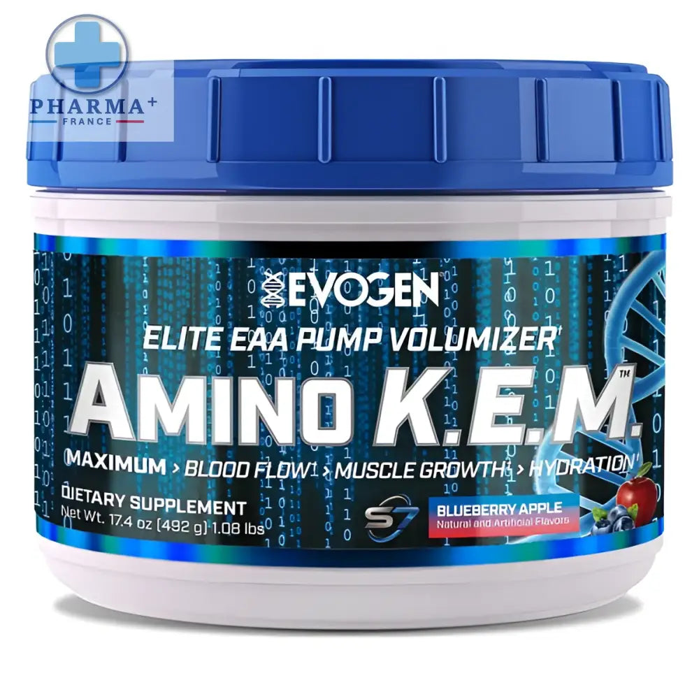 Conteneur bleu et blanc evogen amino k.e.m complément pompe volumétrique saveur blueberry apple 465 g